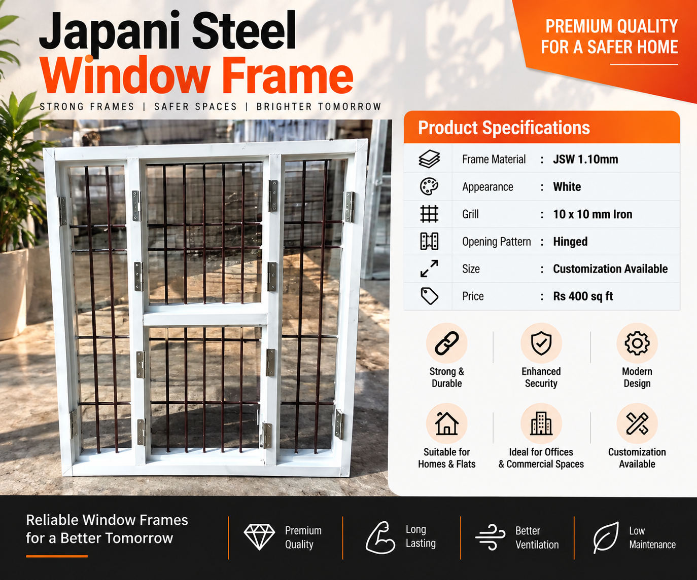 Premium Japani Steel Window Frame with Iron Grill – Patna
