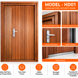Premium Steel Security Door – Tata Steel Frame | 45MM Thick | HD01 Wooden Finish