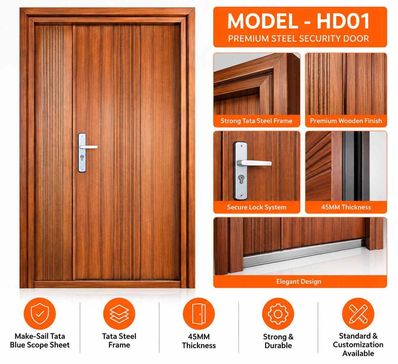 Premium Steel Security Door – Tata Steel Frame | 45MM Thick | HD01 Wooden Finish